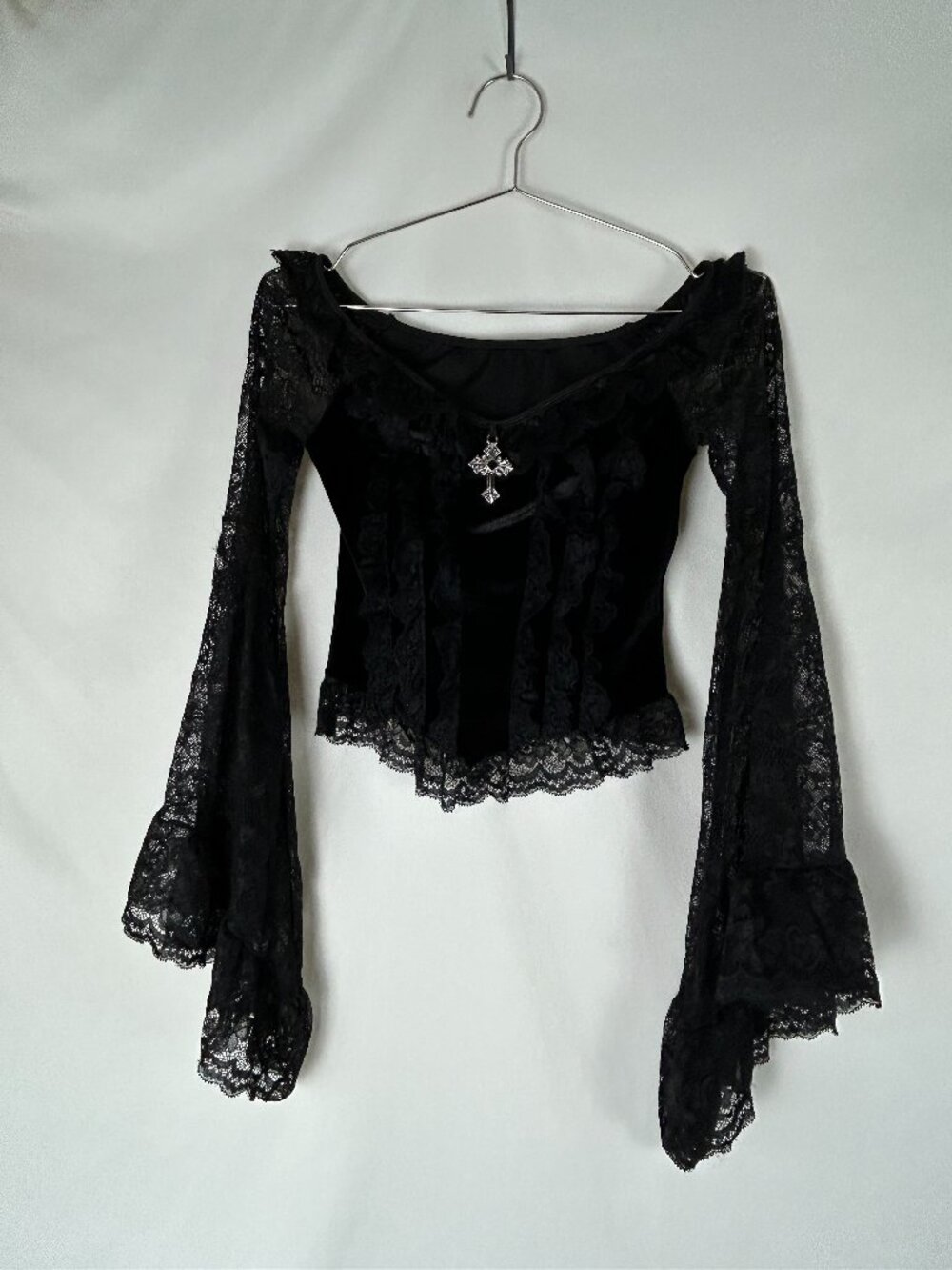 Goth Whimsigoth Halloween Lace Velvet Black Top with Cross and Bell Sleeves XS